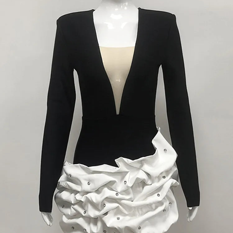 Women Winter Celebrity Sexy Long Sleeve Diamonds Beading Black Mini Bodycon Bandage Dress 2025 Elegant Evening Club Party Dress