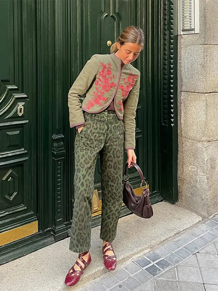 Women Fashion Print Trousers Two-piece Suit Embroidery Long-sleeved Coat High Waist Pants Sets Spring Casual Lady Outfit