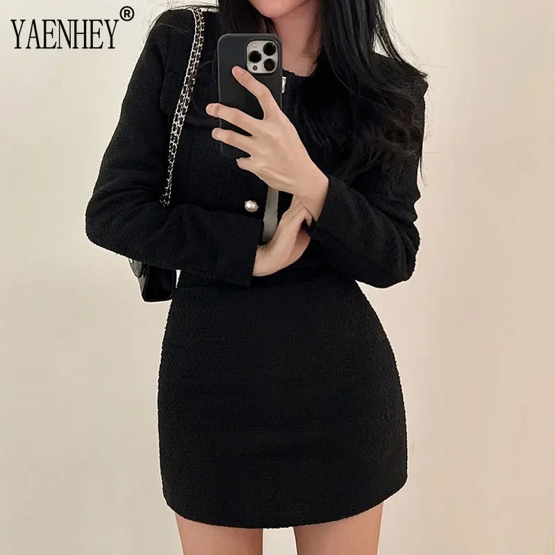 Elegant Tweed Jackets for Women Suits Autumn Winter Korean Fashion Y2k Long Sleeve Buttons Crop Coats + Skirt Suit Sets