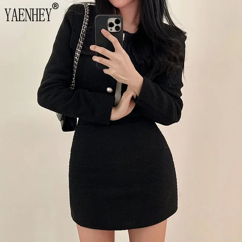 Elegant Tweed Jackets for Women Suits Autumn Winter Korean Fashion Y2k Long Sleeve Buttons Crop Coats + Skirt Suit Sets
