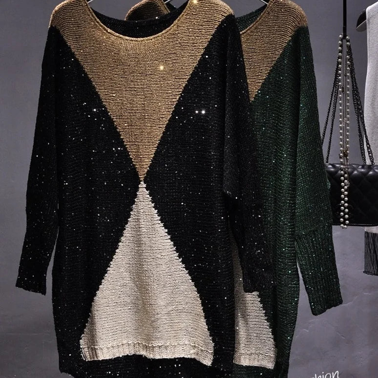 The European Fashion Women Long Breeze Light Film Loose Sweater Knit Knitted Sequined Patchwork Sweaters for Women