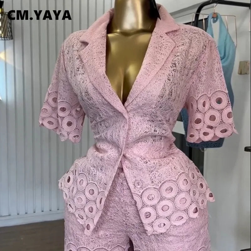 CM.YAYA Lace Embroidery Women's Set half Sleeve Shirt and Shorts Suit 2025 Street Fashion Two 2 Piece Sets Outfit Tracksuits