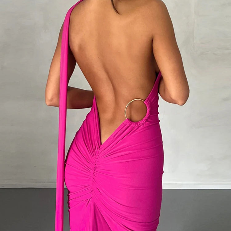 Ladies Night Club Wear Neon Y2K Summer Outfits Women Sleeveless Backless Halter Ruched Bodycon Evening Maxi Dress Birthday Party Rose Red