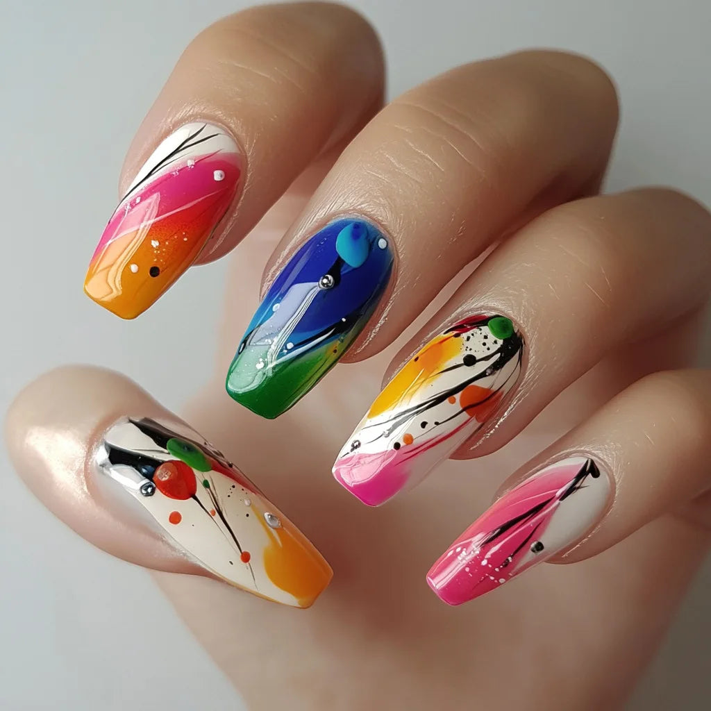 24pcs/set Medium long fake nail tips for women colorful gradient glitter starry design for Spring Summer press on false nail art