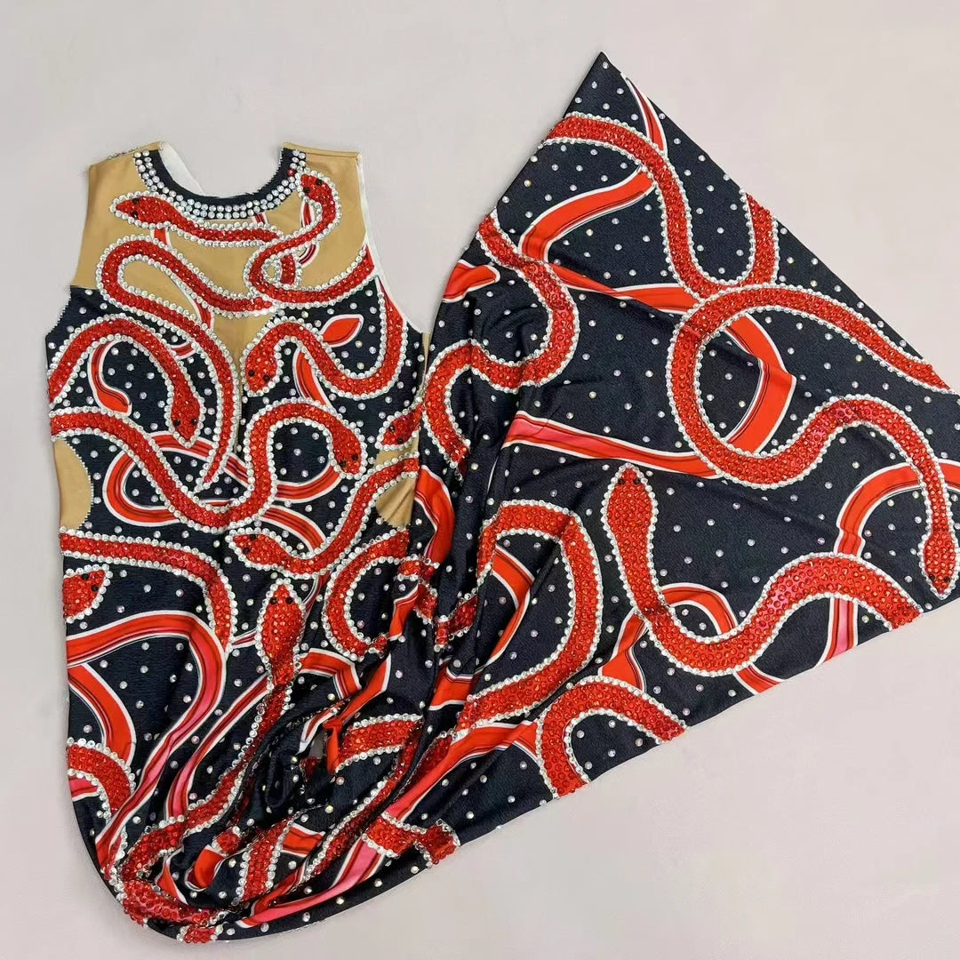 Sexy Red Snake Pattern Sparkly Rhinestone Party Maxi Dress For Women Club Show Skinny Chic Dress Event Evening Dress Hongshewu