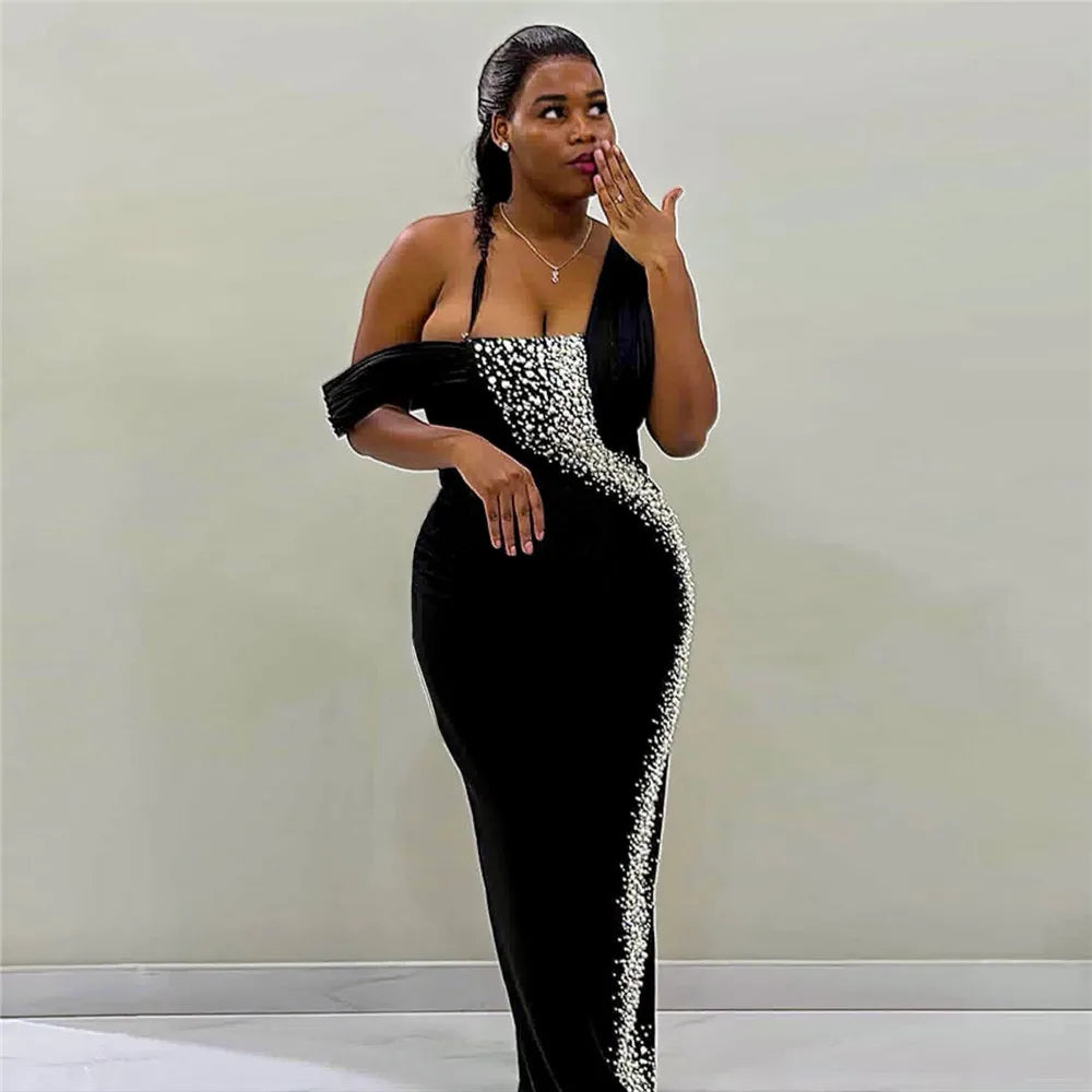 Women Sexy Off the Shoulder Shinning Rhinestones Bodycon Long Bandage Dress Celebrate Nightclub Party Birthday Wear