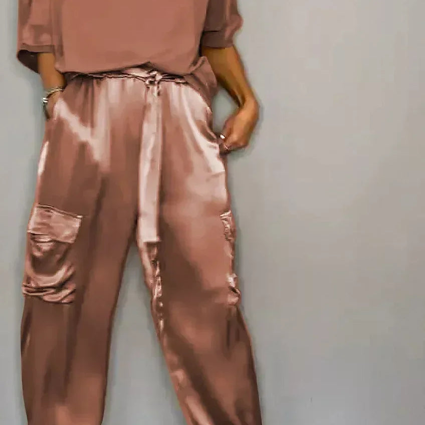 Summer Fashion Solid Satin Two Piece Set Women Round Neck Long Sleeved Top Long Pants Casual Loose Two Piece Set Women