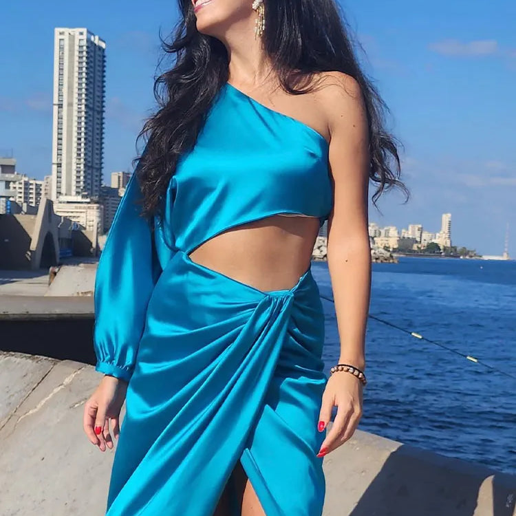 Dress For Women Yellow Asymmetric Satin Cut Out Long Dress Women Ruched Off Shoulder Elegant Dresses Evening Party Dresse