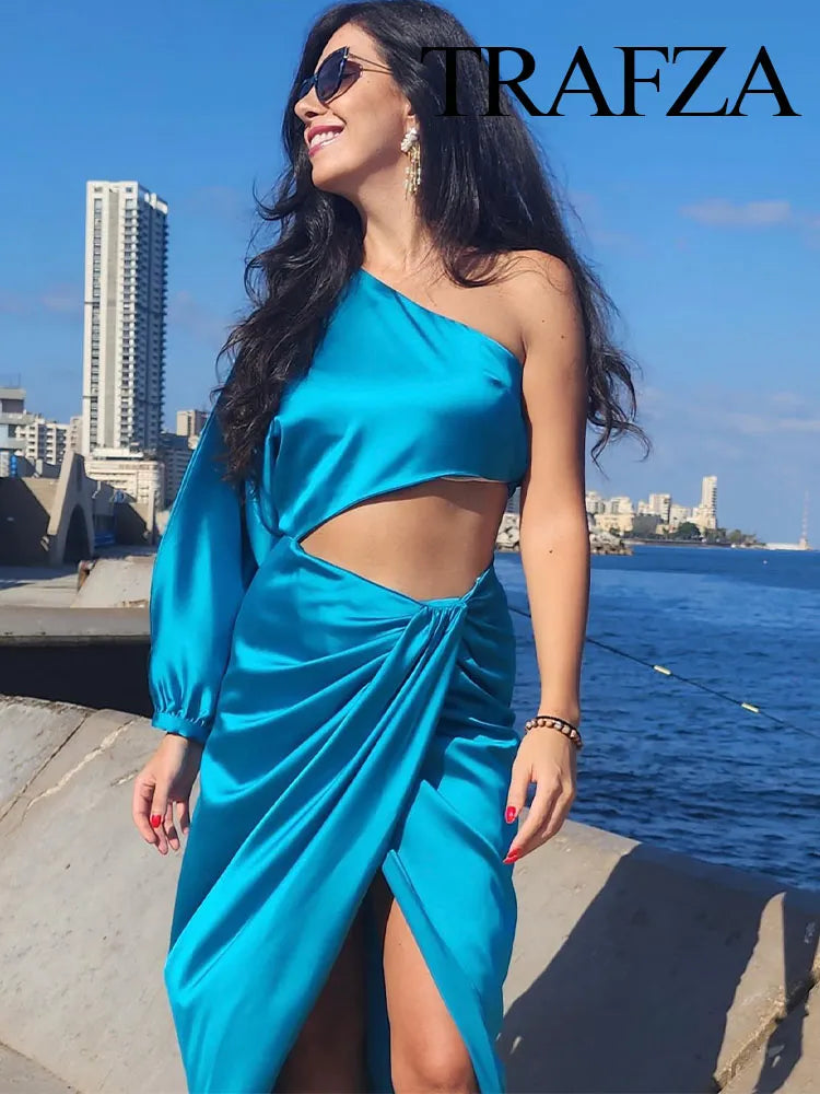 Dress For Women Yellow Asymmetric Satin Cut Out Long Dress Women Ruched Off Shoulder Elegant Dresses Evening Party Dresse