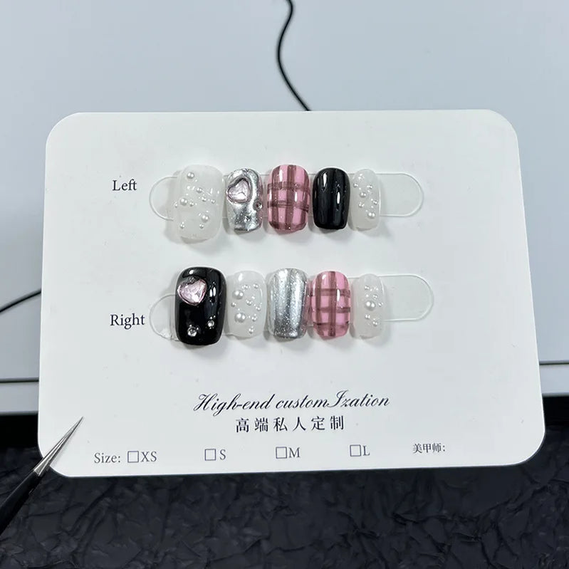 10Pcs Sweet Cool Black Pink Handmade False Nails Cat Eye Checkered Gel Nails with Glue Shimmery Heart Press on Acrylic Nail Tips