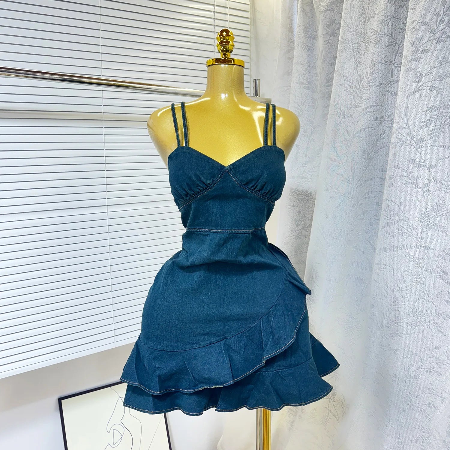 CM.YAYA Women Spaghetti Strap V-neck Ruffles Hem Denim A-line Mini Dress 2025 Chic Birthday Night Club Party Vestidos Dresses