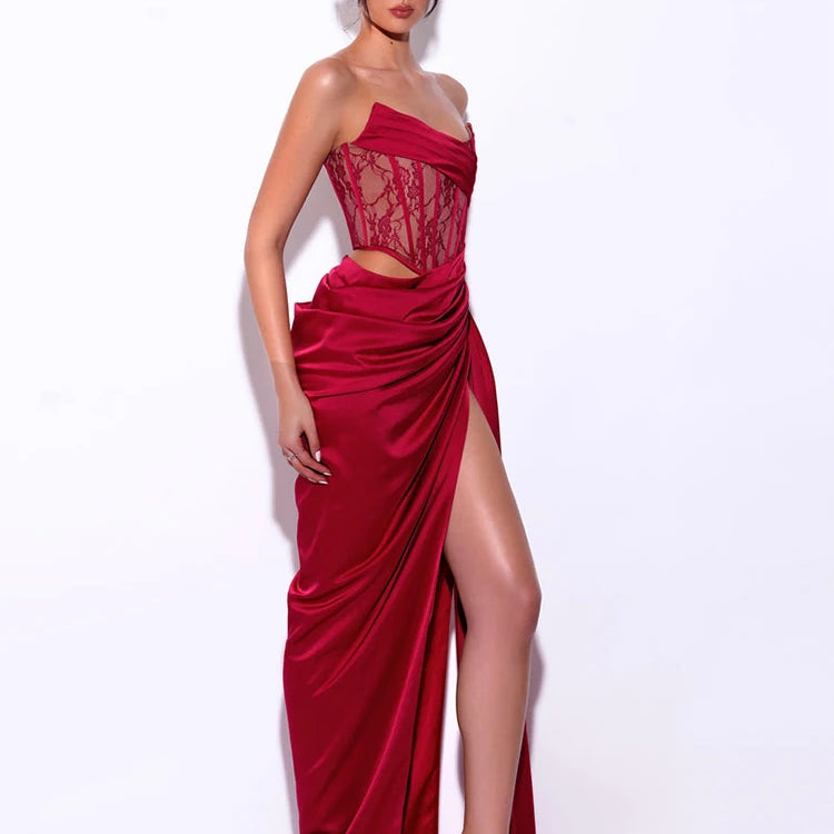 VC Cocktail Party Dress Women Sexy High Split Evening Clubwear Strapless Lace Patchwork Satin Long Dress Vestidos