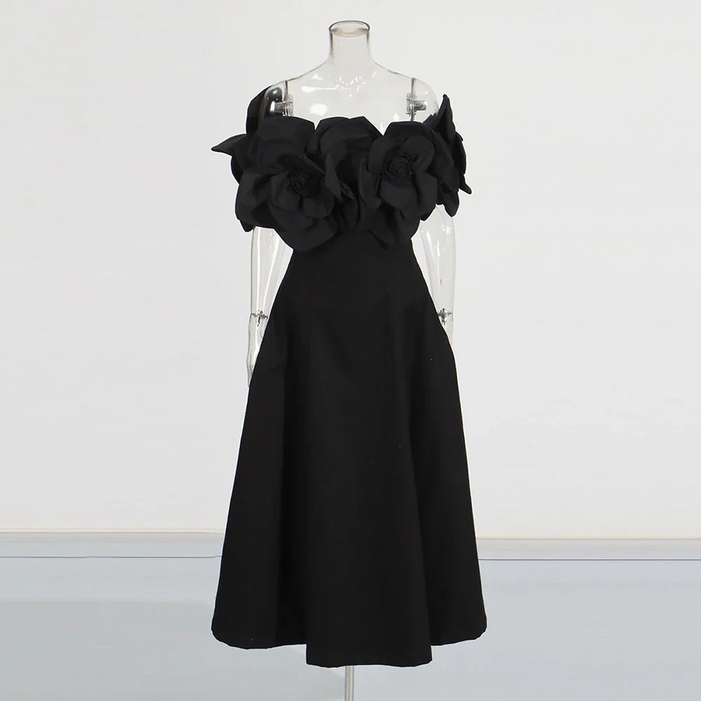 Solid Slimming Elegant Dresses for Women Strapless Off Shoulder Patchwork 3D Flowers Fashion Dress Female Clothing