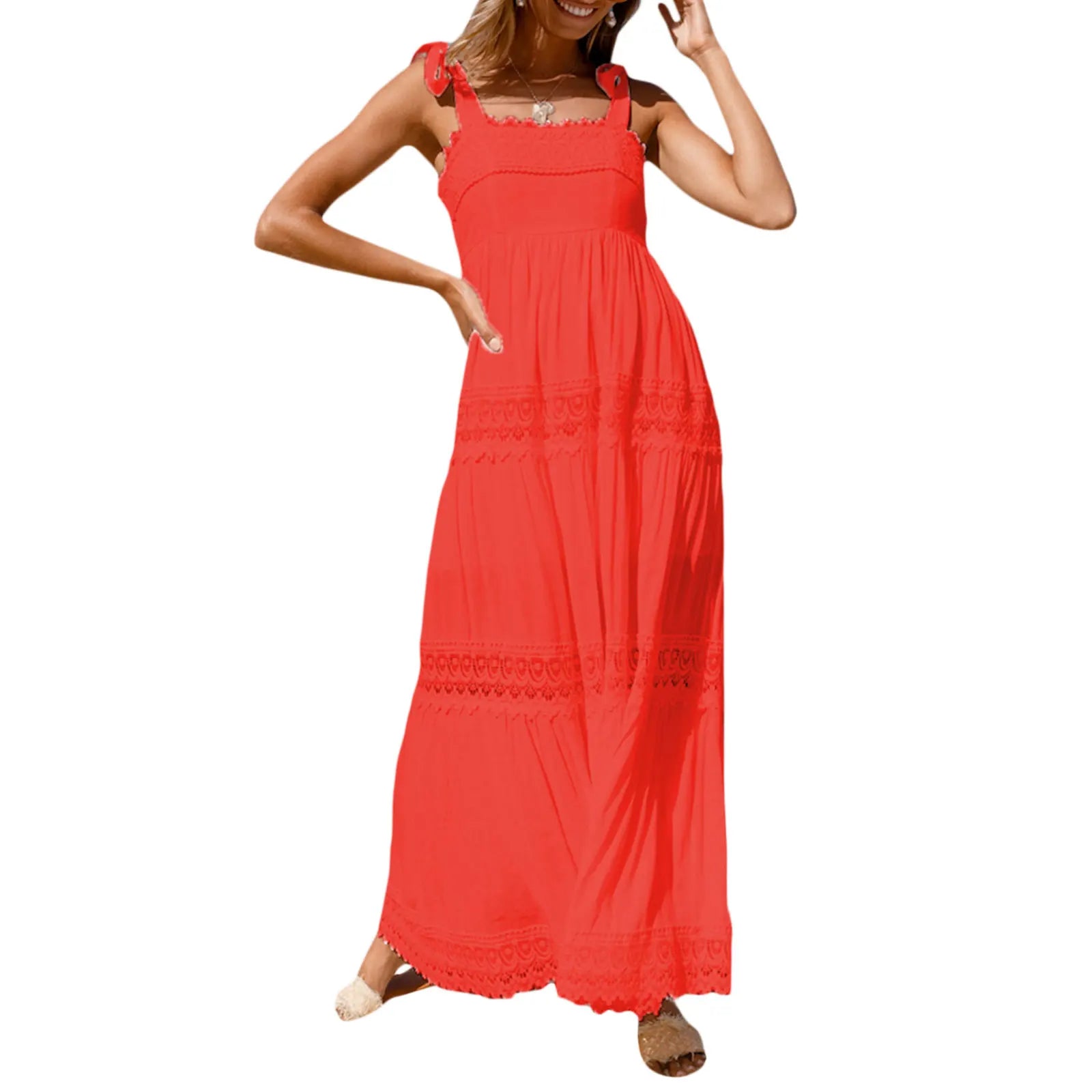 Summer Solid Tunic Women Maxi Dress V Neck Female Elegant Ruffles Party Long Dresses Beach Spaghetti Strap Casual Sundress 10 L