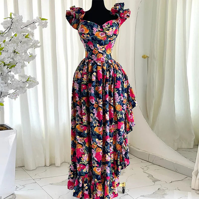 CM.YAYA Women Ruffles Strapless Floral Print Long Irregular Dress Holiday Sweet Birthday Evening Sexy Party Dresses Vestidos