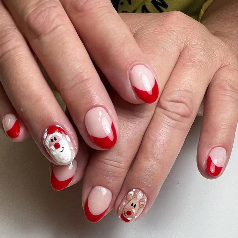 Cartoon Santas/Snowman Christmas Fake Nails 24Pcs Short Square Nude Pink Press On Nails Love Printed New Year Party Nails Art