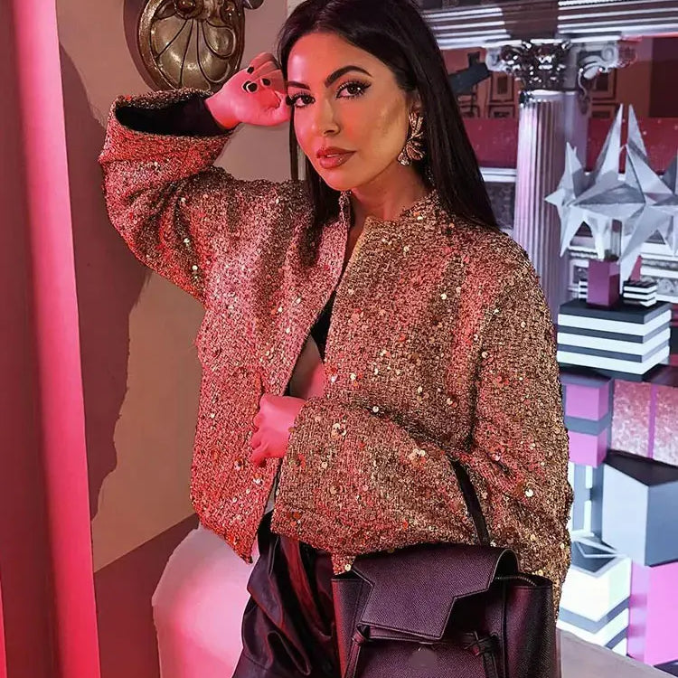 Autumn Coat For Women Fashion Gold Sequin Stand Collar Long Sleeve Loose short Jacket Woman With Pleats Female Coats