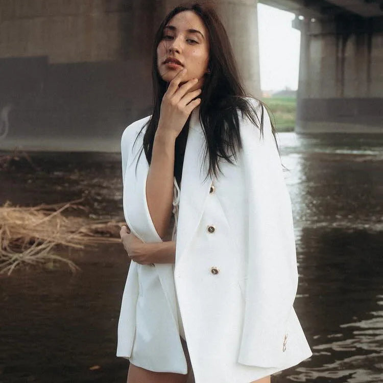 Women's Fashion Long Sleeve Lapel False Pocket Trim Blazer Women's Elegant Double Breasted Solid Color Suit Autumn