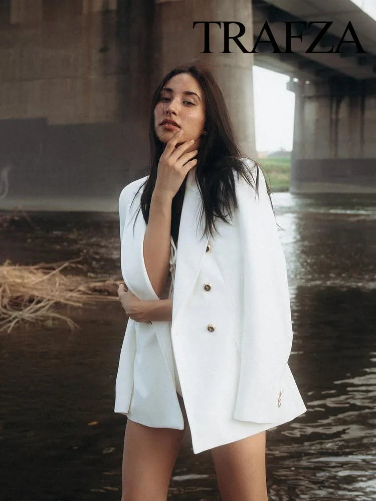 Women's Fashion Long Sleeve Lapel False Pocket Trim Blazer Women's Elegant Double Breasted Solid Color Suit Autumn