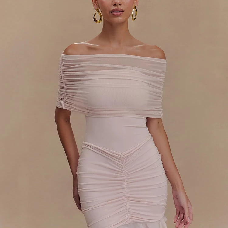 Mesh Strapless Off-shoulder Sexy Ruffled Mini Dress For Women Fashion Backless High Waist Female Ruched Party Dress