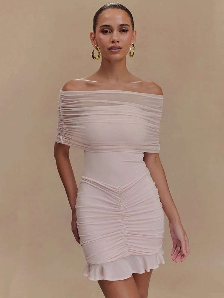 Mesh Strapless Off-shoulder Sexy Ruffled Mini Dress For Women Fashion Backless High Waist Female Ruched Party Dress