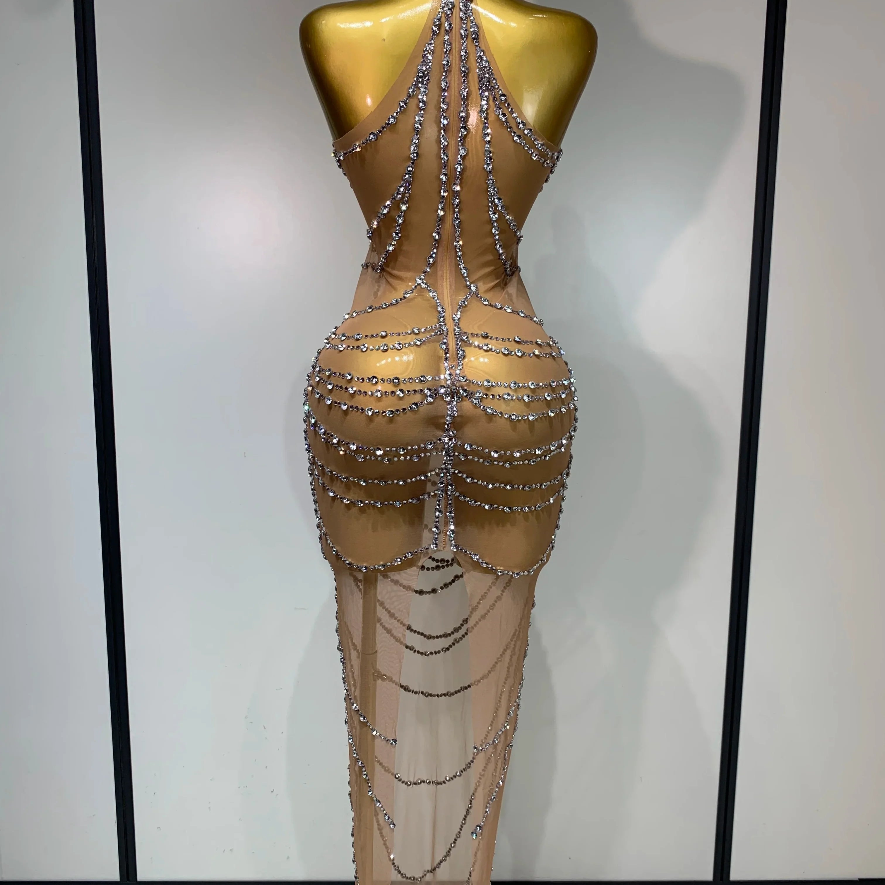 Luxury Rhinestone Sparkly Sexy Transparent Mesh Long Dress  Women Birthday Party Gown Stage Singer Performance Costume