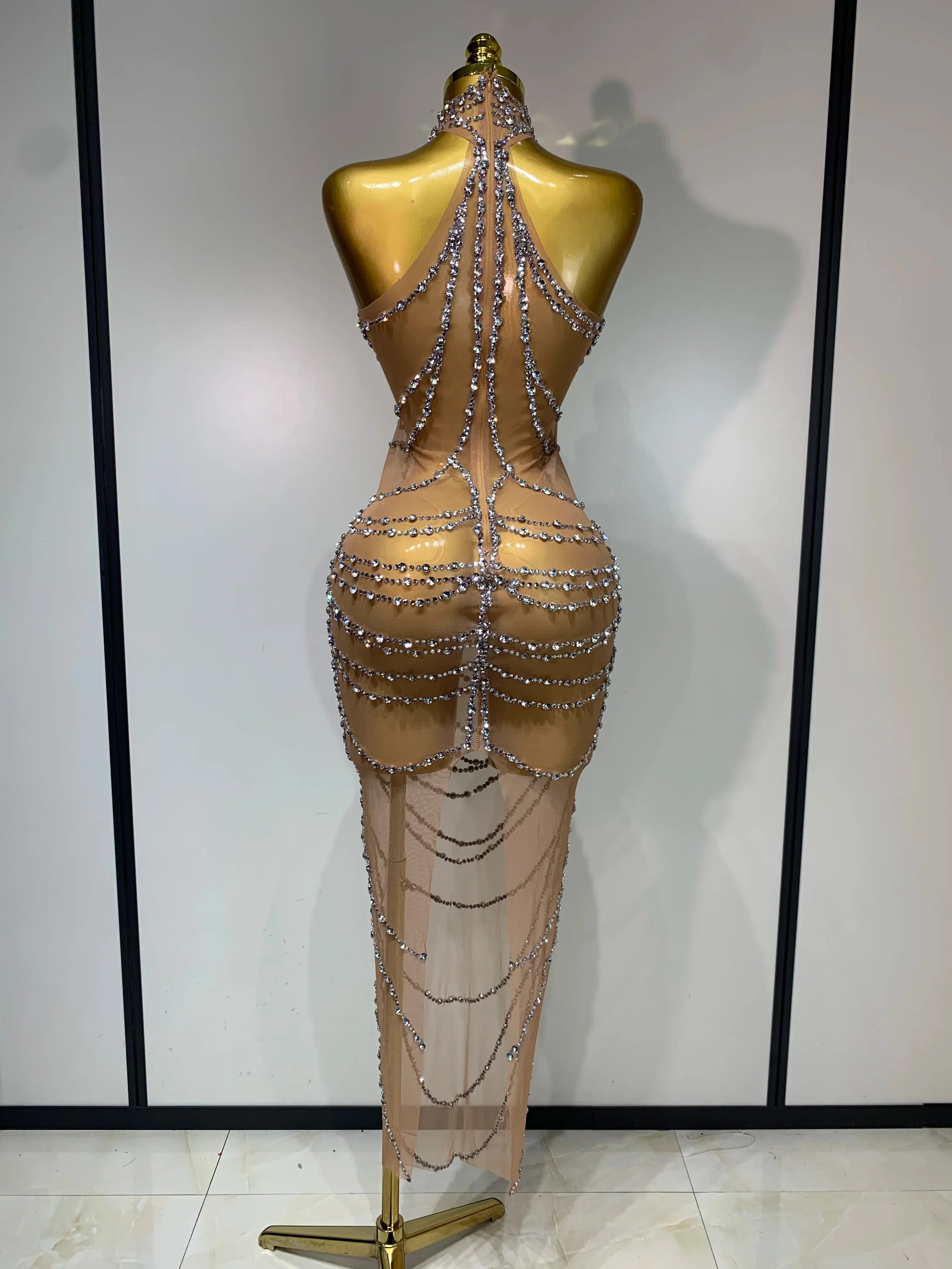 Luxury Rhinestone Sparkly Sexy Transparent Mesh Long Dress  Women Birthday Party Gown Stage Singer Performance Costume