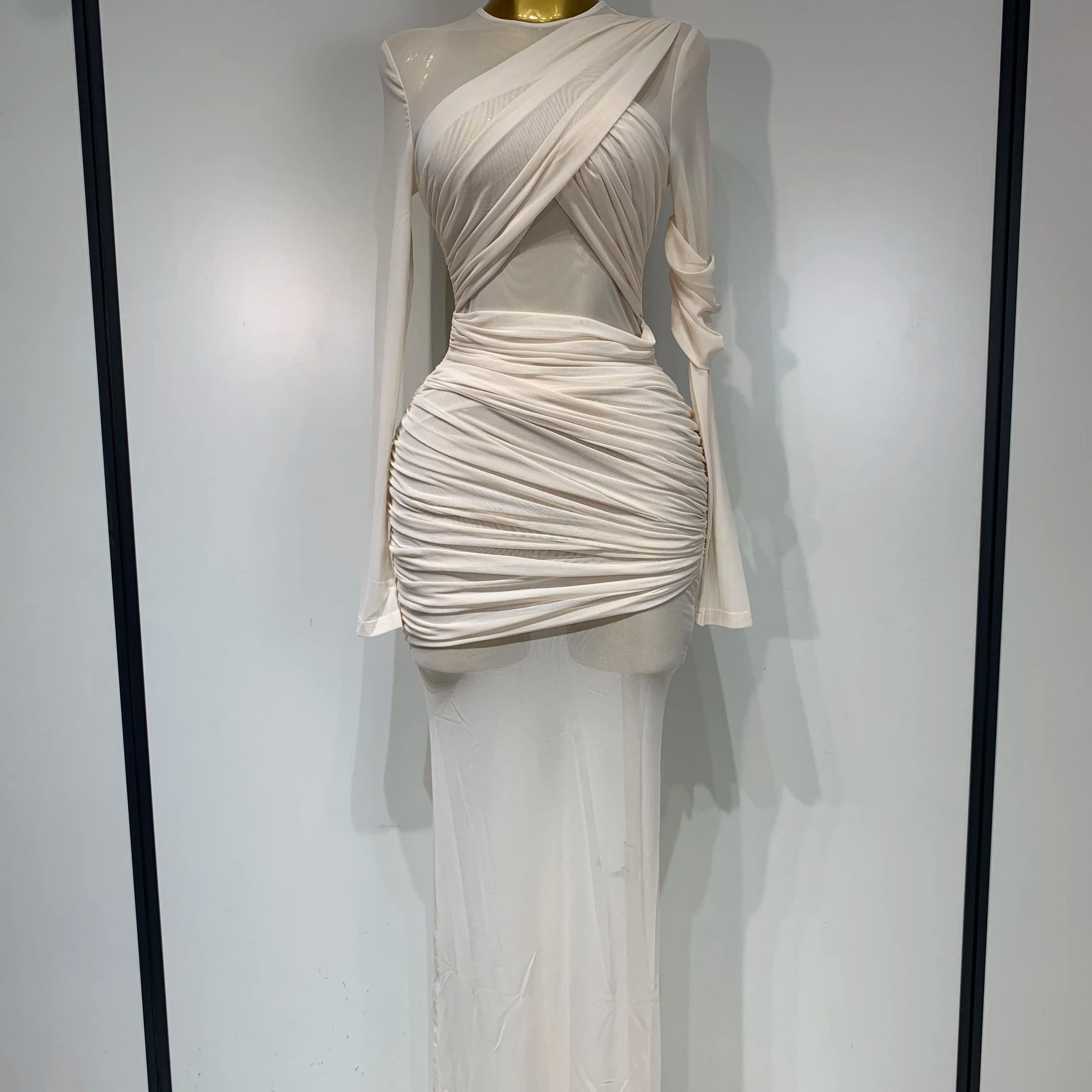 Elegant Brown Mesh Fold Long Sleeve Bodycon Dress Women 2025 Evening Party Club Sexy Perspective Fashion Luxury Birthday Dresses