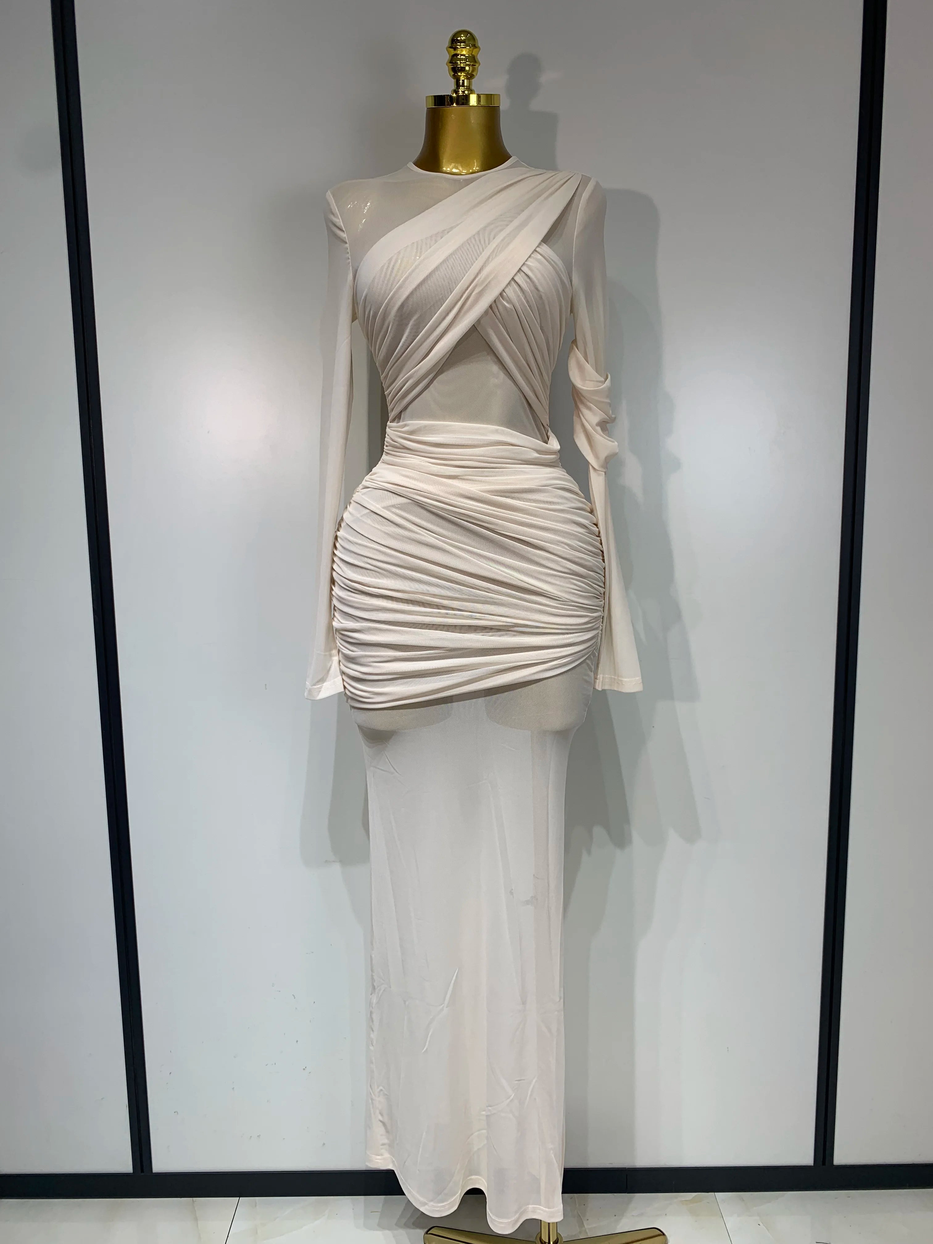 Elegant Brown Mesh Fold Long Sleeve Bodycon Dress Women 2025 Evening Party Club Sexy Perspective Fashion Luxury Birthday Dresses