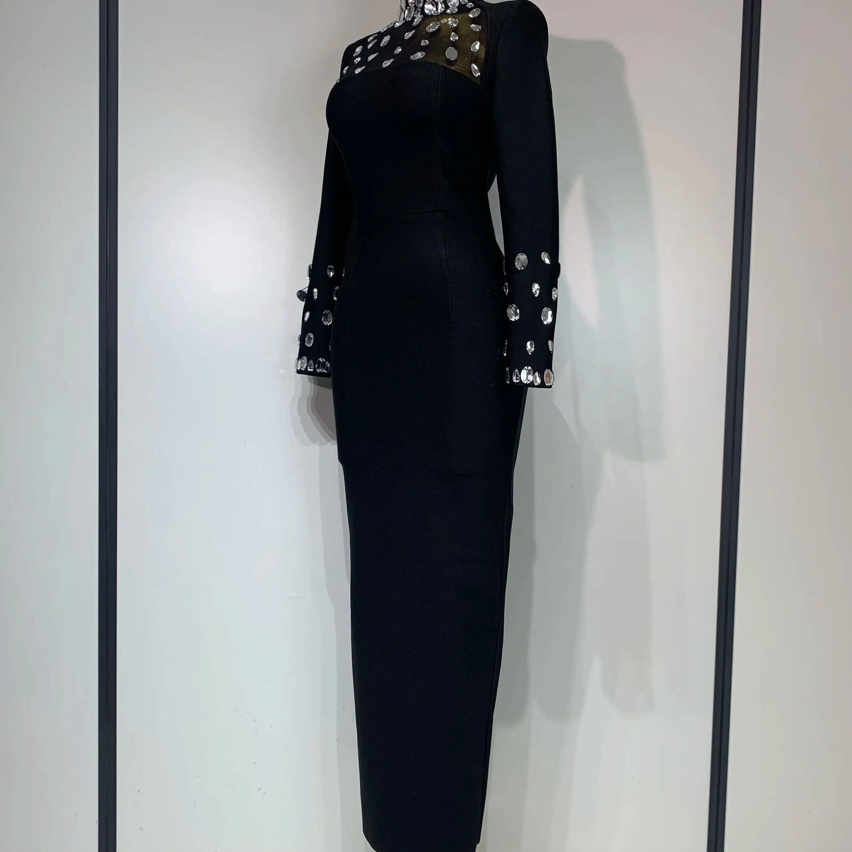 Luxury Birthday Dresses Sparkly Diamond Long Sleeve Black Bodycon Bandage Dress Women Wedding Evening Club Party Prom Gowns
