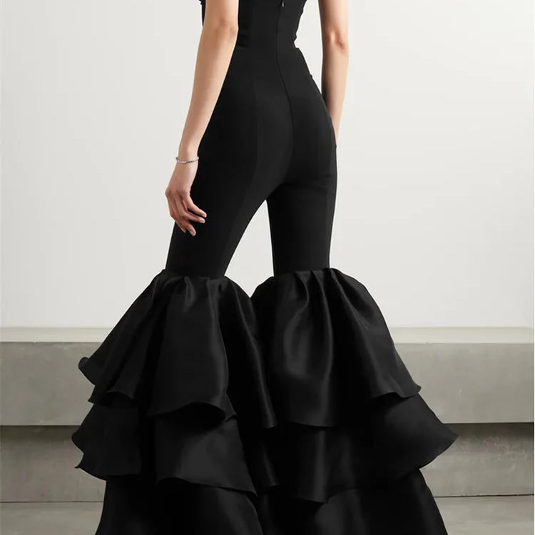 Chic Women Luxury Sexy Strapless Ruffles Bodycon Flare Black Bandage Jumpsuit 2023 Celebrity Designer High Street Rompers