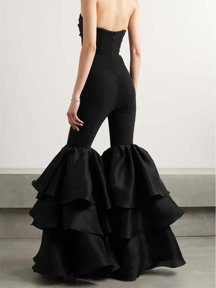 Chic Women Luxury Sexy Strapless Ruffles Bodycon Flare Black Bandage Jumpsuit 2023 Celebrity Designer High Street Rompers