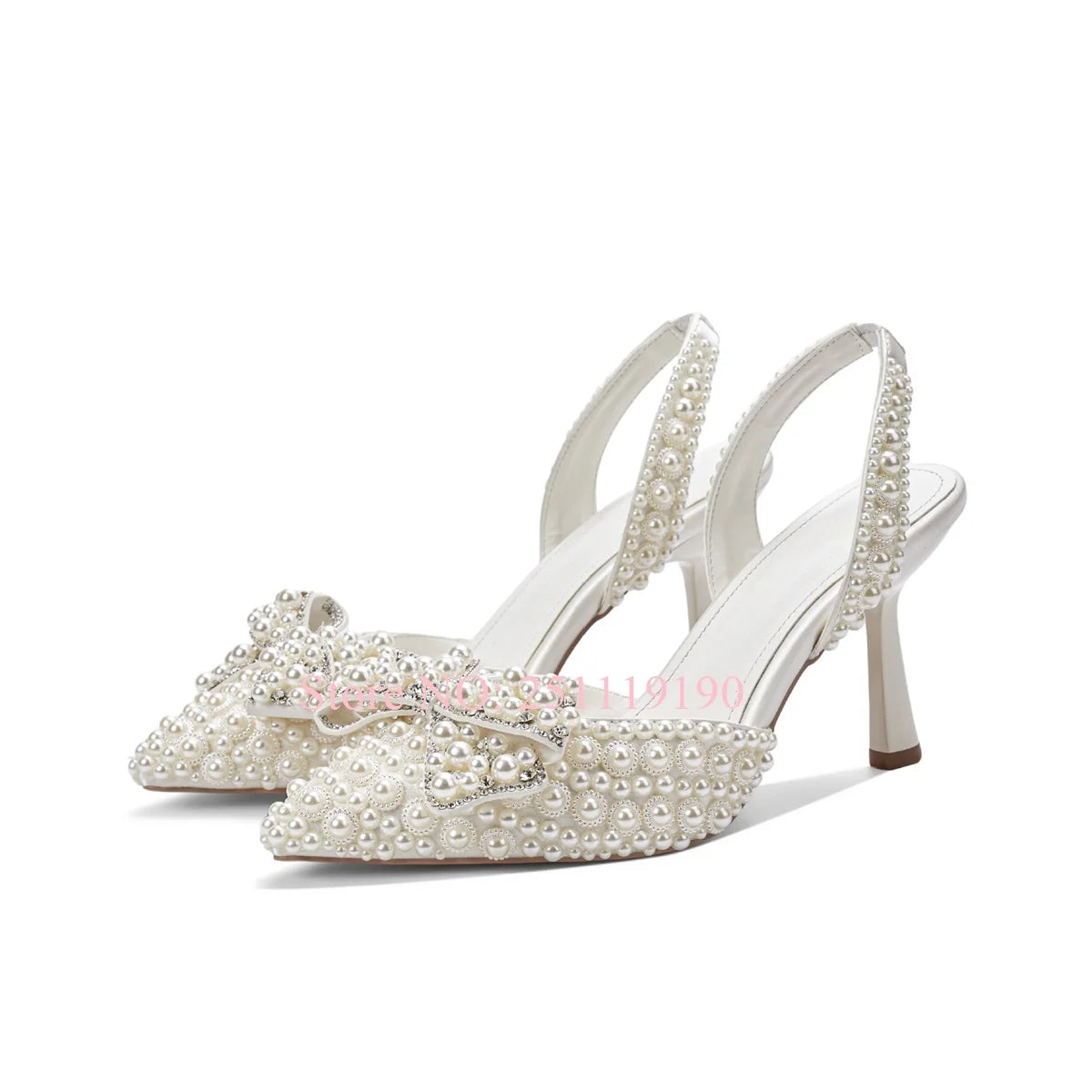 Elegant Bowknot Pearl Embellished Slingback Heels Women's Wedding Party Pumps Bridal Shoes With Rhinestone Ankle Straps Footwear