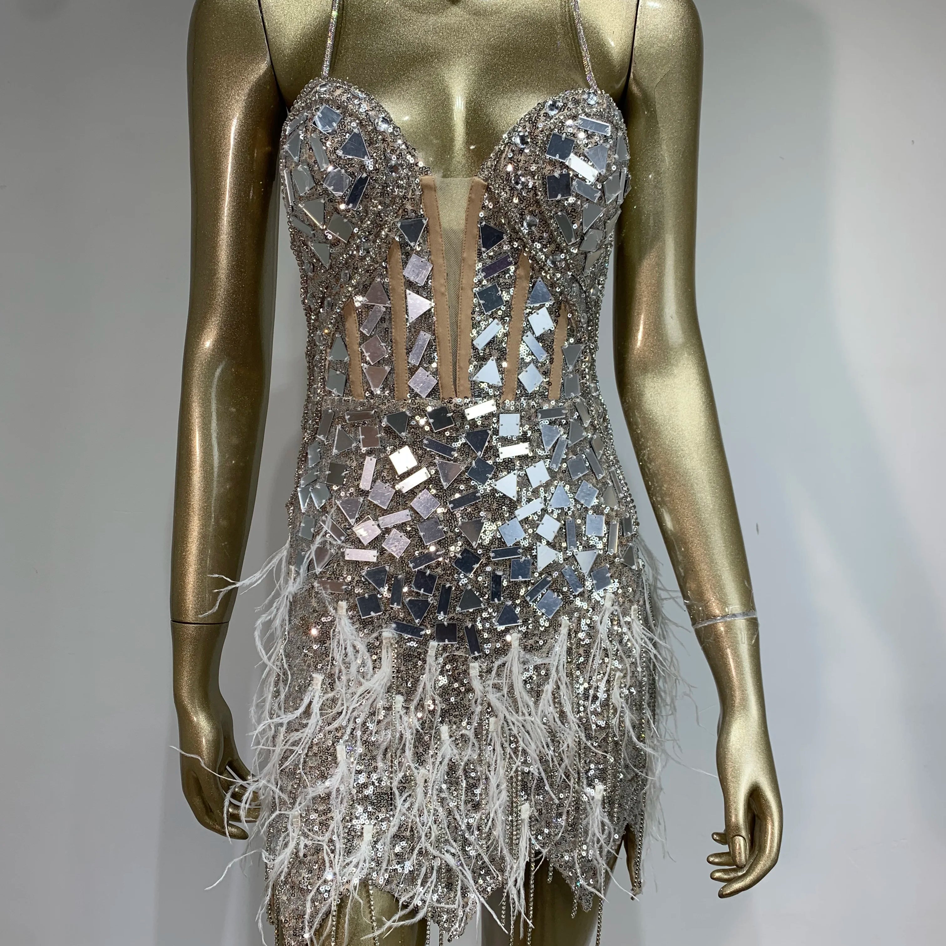 Women Sexy V Neck Mirrow Feather Sequins Silver Mini Bodycon Dress 2024 Elegant Party Evening Stage Performance Dress Vestido