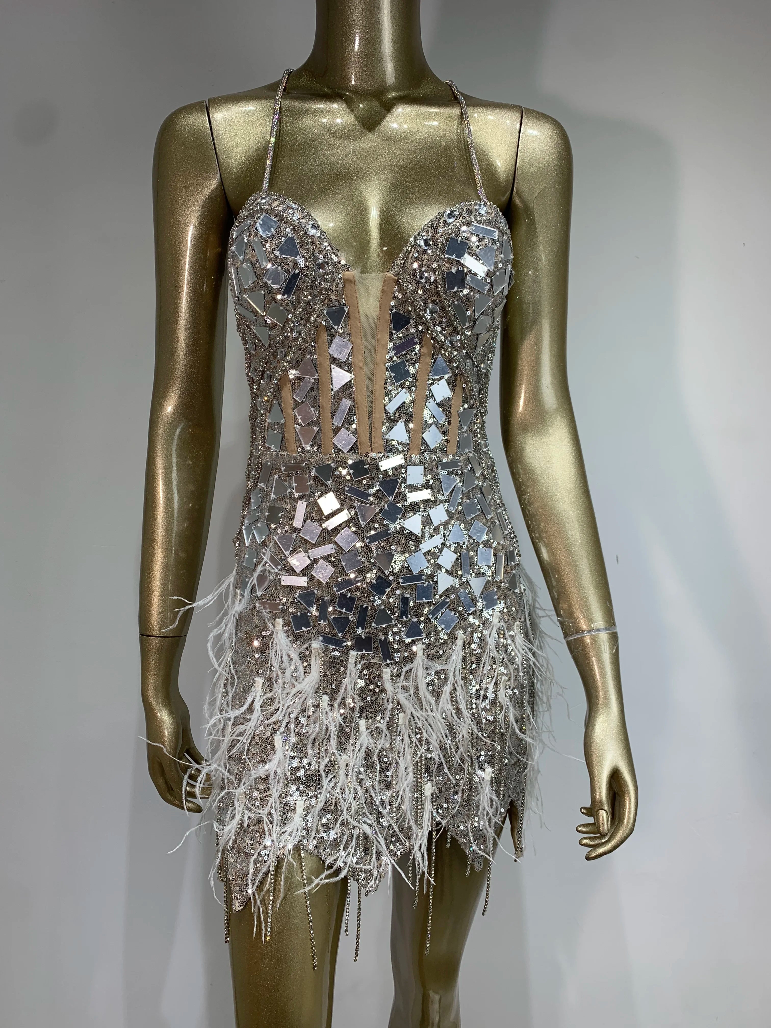 Women Sexy V Neck Mirrow Feather Sequins Silver Mini Bodycon Dress 2024 Elegant Party Evening Stage Performance Dress Vestido