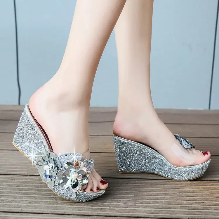 Summer Wedges Sandals Women Sexy Crystal Transparent High Heels PVC Slippers String Bead Platform Fashion Shoes Silver