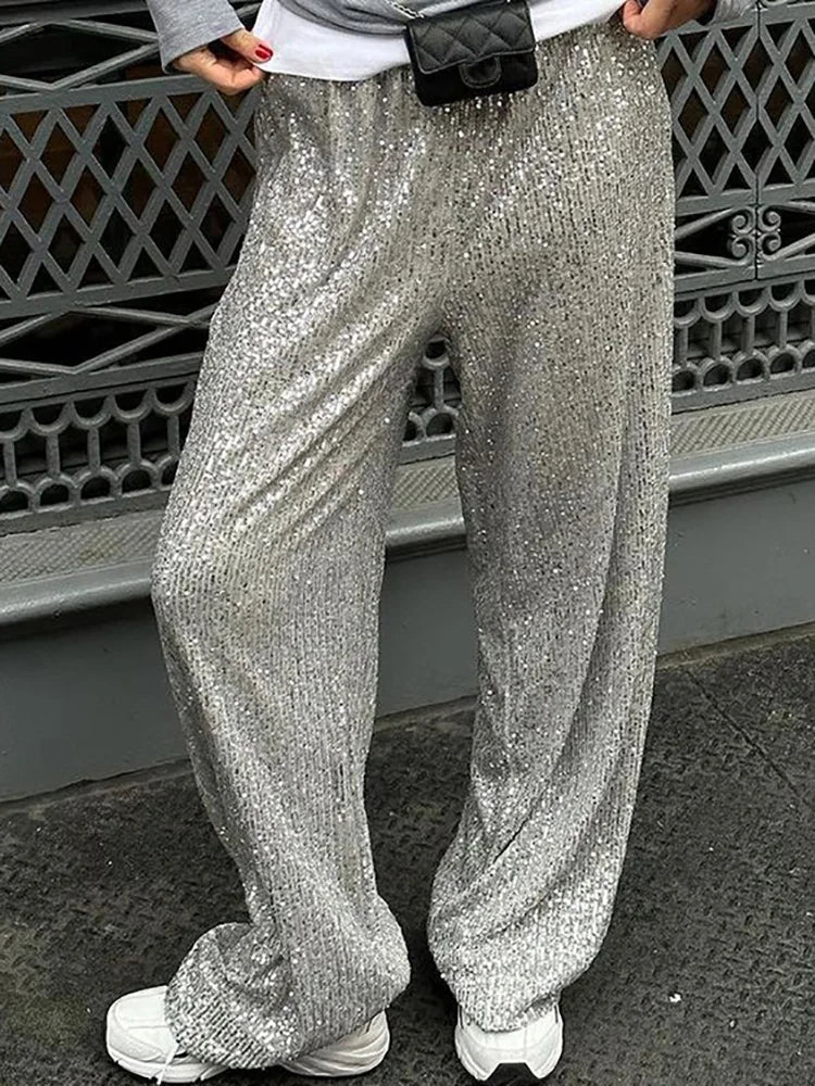 Loose Fit Elastic Waist Sequined Pants Casual Women Patchwork Silver Long Pants All Matching Femme Floor Length Pants