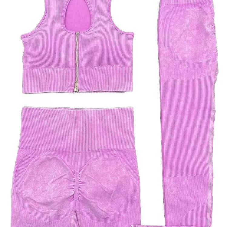 2PCS Seamless Frosted Yoga Sets Sports Fitness Beauty Back Bra High Waist Hip-lifting Leggings Suits Gym Shorts Sets for Women 3PCS Light pink