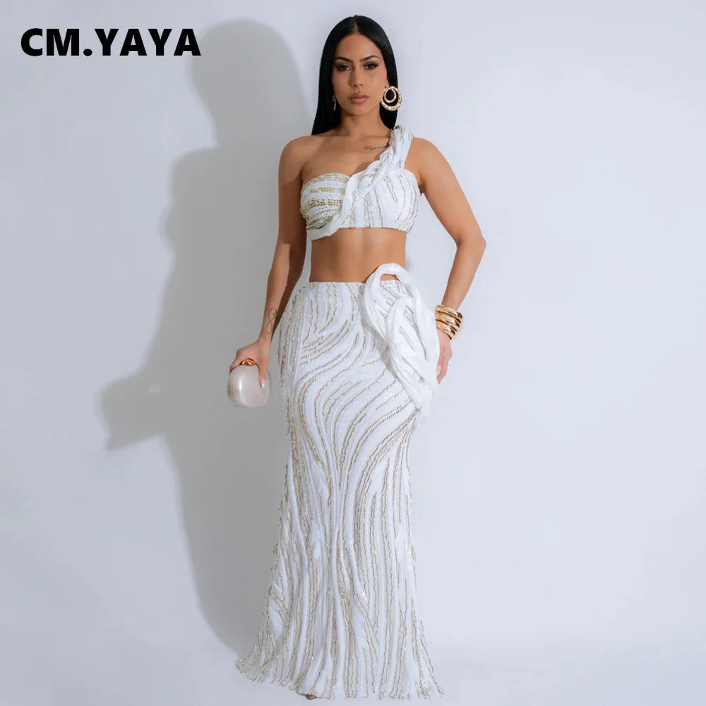 CM.YAYA Women’s Dress Set Mesh Sequined Ribbon Sleeveless Strap Top + Long Skirts Sets 2 Two Pcs Sets Sexy Party Evening Oufits
