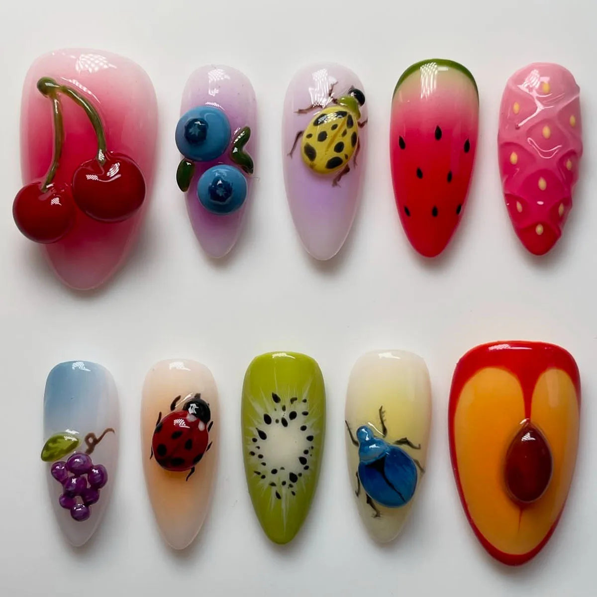 10pcs Wearable Handmade False Nails Cute Colorful Cartoon Design Fake Nail Tip Rhinestone Fruit Stick on Nail Art Press on Nails