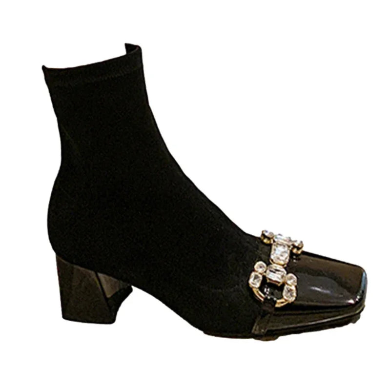 Women Suede Crystal Ankle Chelsea Boots High Heels Shoes Chunky Motorcycle Boots Square Toe Goth Snow Botas Pumps