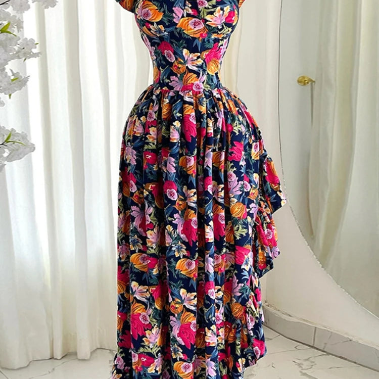 CM.YAYA Women Ruffles Strapless Floral Print Long Irregular Dress Holiday Sweet Birthday Evening Sexy Party Dresses Vestidos