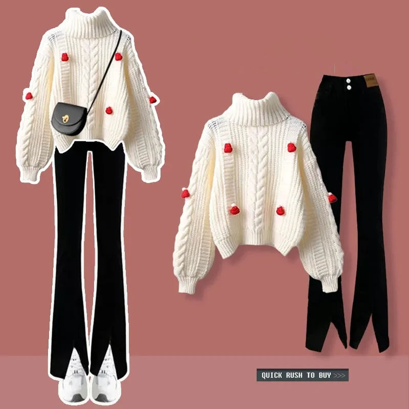 Women Fashion Red Pompom Turtleneck Sweater Pants 1 or 2 Piece Set 2023 Christmas Knit Tops Trouser Outfits Lady Daily Knitwear Set A
