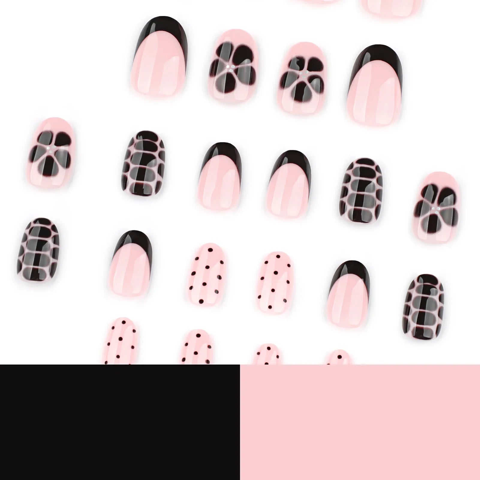 Short Oval Shaped False Nails 24Pcs Black French Press On Nails Flower/Dot Printed Cool Girls Charm Manicure Stick-on Fake Nails