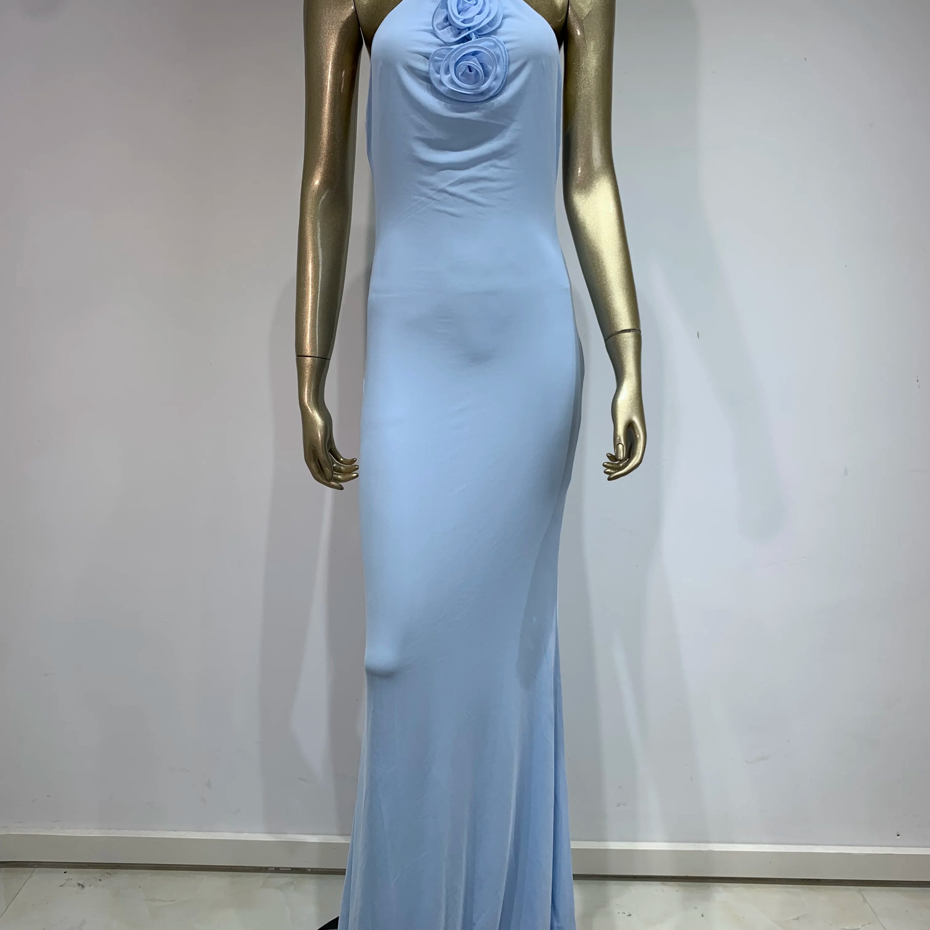 Women Celebrity Sexy Backless Halter Flower Sky Blue Maxi Long Gowns Dress 2024 Elegant Evening Party Club Dress Vestido