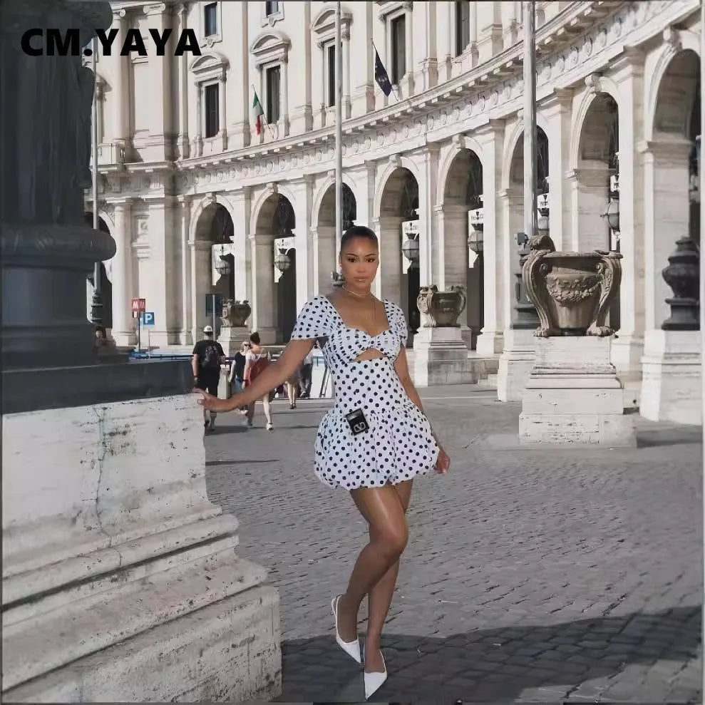 CM.YAYA Women Dot Printed Draped Big Swing Waist Dress 2025 Short Sleeve Evening Sexy Club Party Evening High Street Dresses