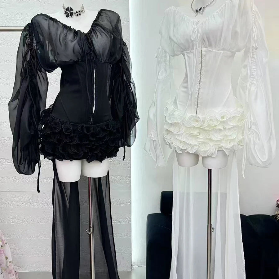 TWOTWINSTYLE Solid Slimming Spliced Lace Up Mini Dresses for Women Slash Neck Long Sleeves Patchwork Fungus Folds Dress Female