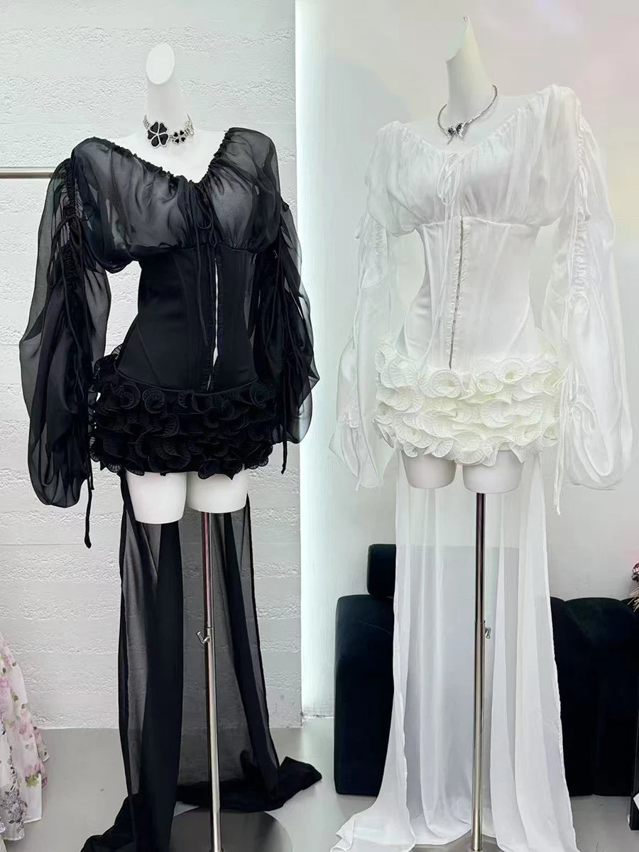 TWOTWINSTYLE Solid Slimming Spliced Lace Up Mini Dresses for Women Slash Neck Long Sleeves Patchwork Fungus Folds Dress Female