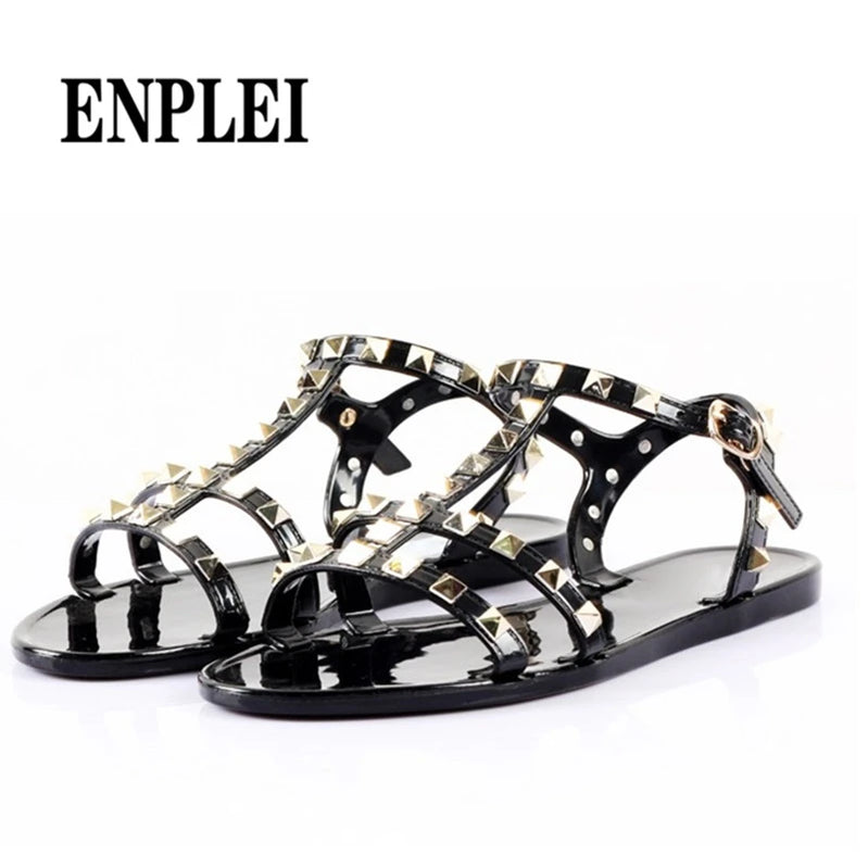 Fashion Summer Rivets Flat Comfortable Women Sandals Feminina Slippers Size 36-41 black
