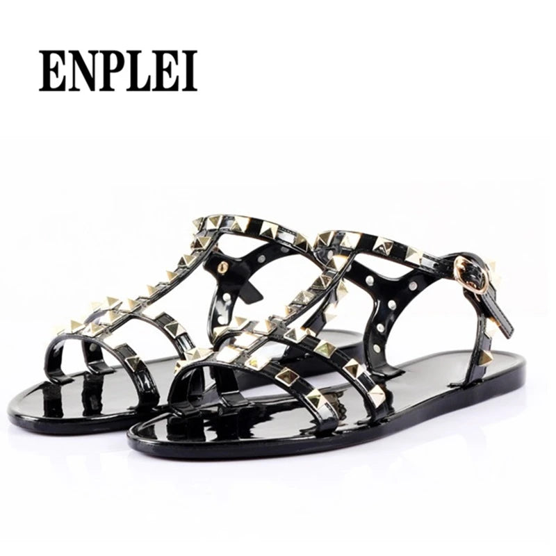 Fashion Summer Rivets Flat Comfortable Women Sandals Feminina Slippers Size 36-41 black
